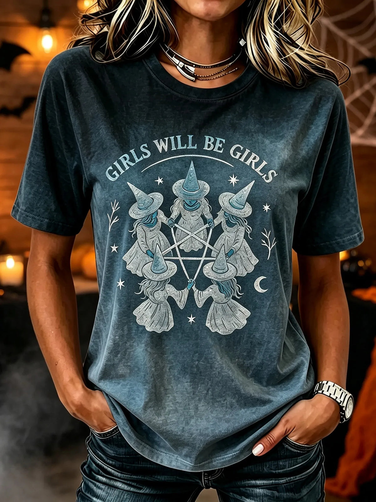 Women's Retro Halloween Witch Print T-shirt