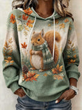Women's Autumn Animal Print Crew Neck Long-Sleeve Waffle-Knit Hoodie