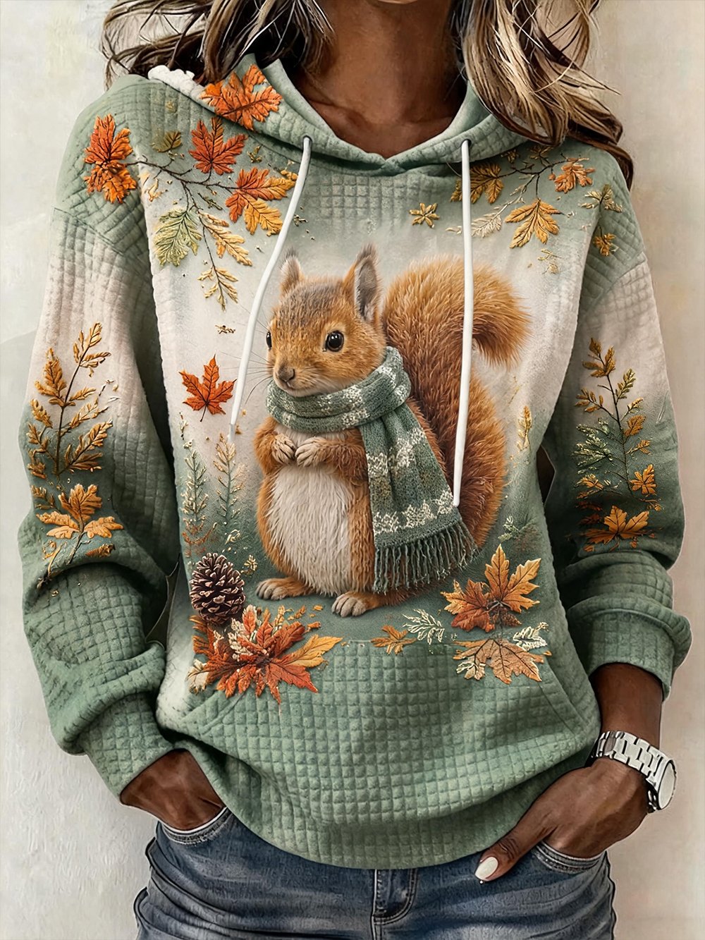 Women's Autumn Animal Print Crew Neck Long-Sleeve Waffle-Knit Hoodie