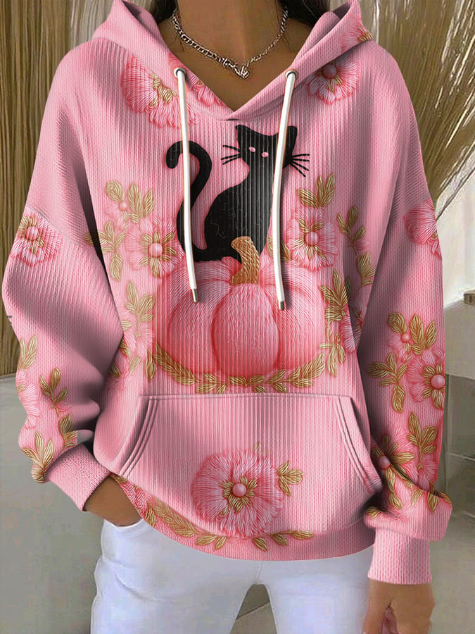 Women's Casual Cat Pumpkin Floral Print Long Sleeve Hooded Sweatshirt