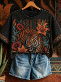 Women's Tiger Floral Vintage Short-sleeve T-shirt