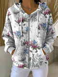 Women's Floral Cat Print Thick Needle Drawstring Fabric Casual Sweatshirt Jacket