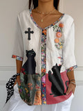 🐾Buy 3 Save 10%🐱Women's Cute Cat Praying God Bless Cross V-Neck Printed Long Top💛100% For Shelter Pets🐱🐶
