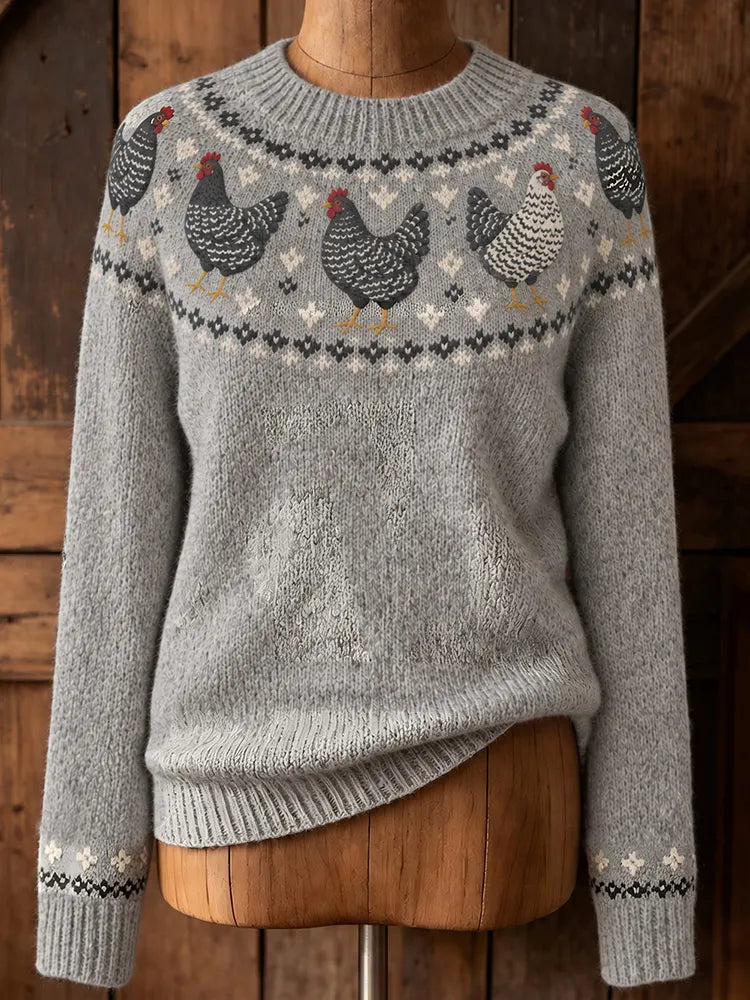 Women's Retro Barred-feather Chicken Ethnic Patterns Cozy Fair Isle Style Knit Sweater