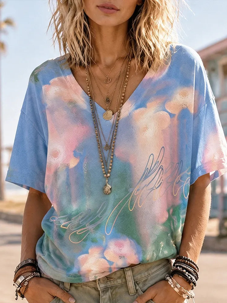 Retro Bohemian Y2k Soft Misty Coast Watercolor Floral Print T-shirt