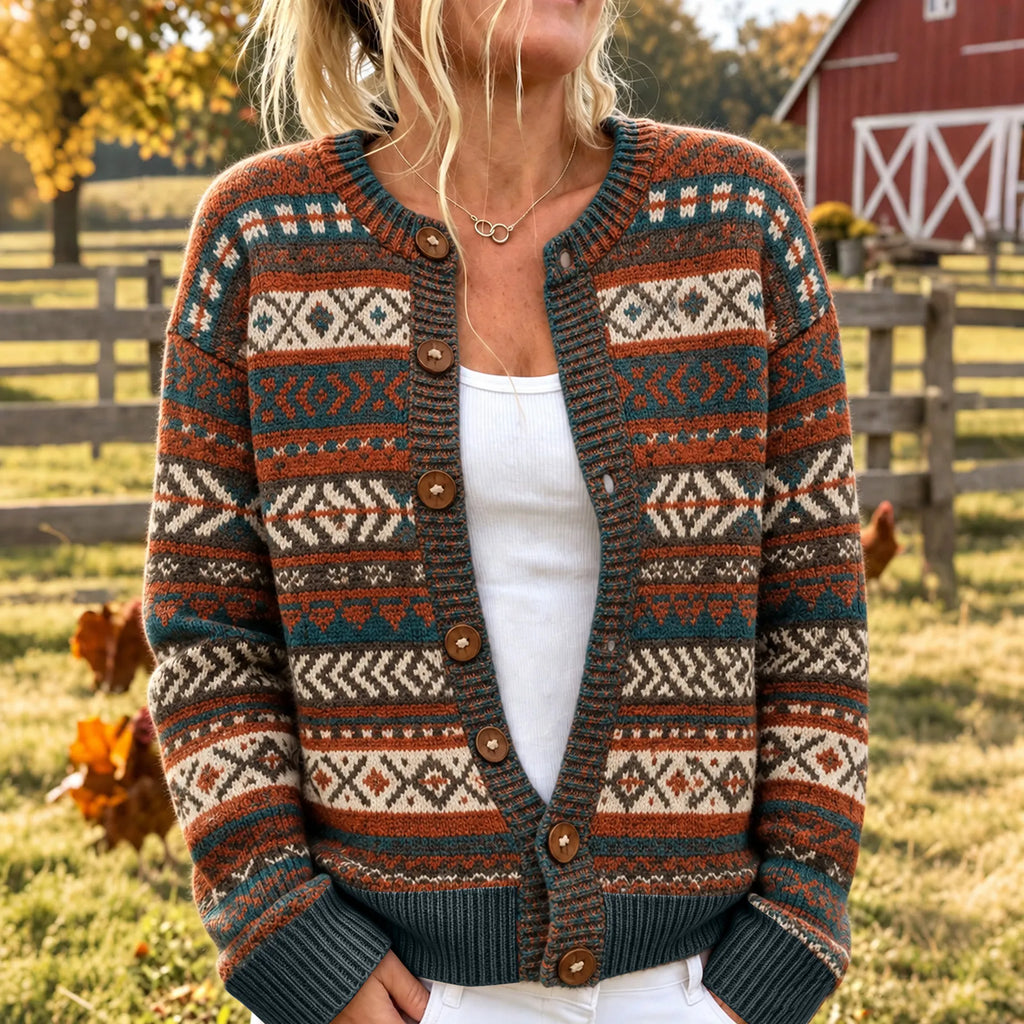 Women's Icelandic Style Geometry Pattern Art Casual Knit Cardigan