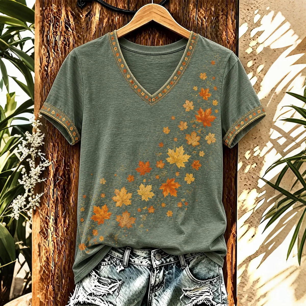 Women's Comfortable Short-sleeve T-shirt With Vintage Maple Leaf Print