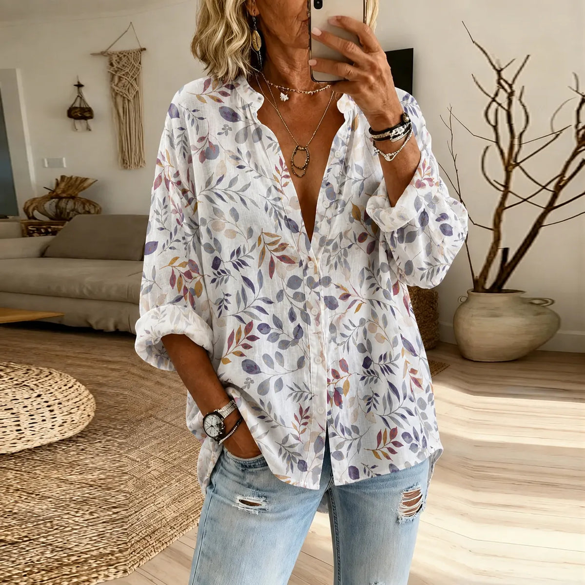 Women's Floral Art Print Flowy Linen Blend Long Sleeve Shirts