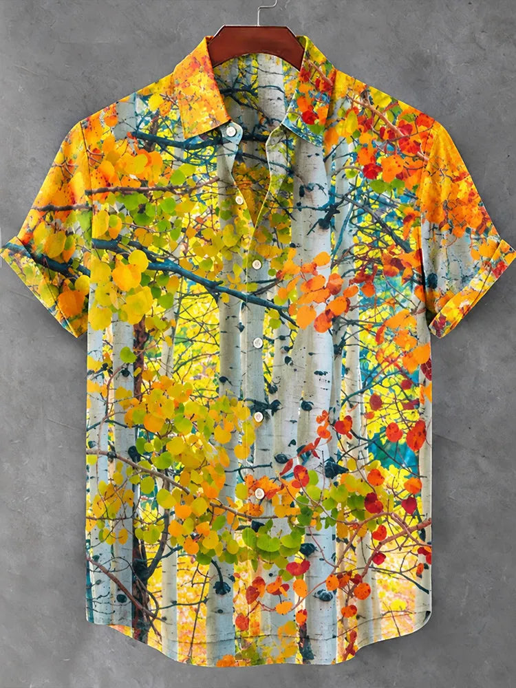 Men's Autumn Forest Geometric Art Casual Short-sleeve Shirt