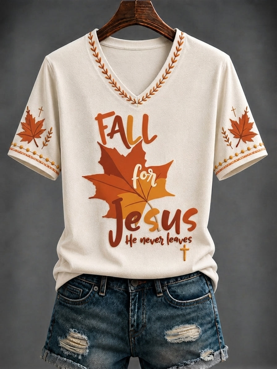 Women's Autumn “fall For Jesus He Never Leaves ” Printed V-neck T-shirt