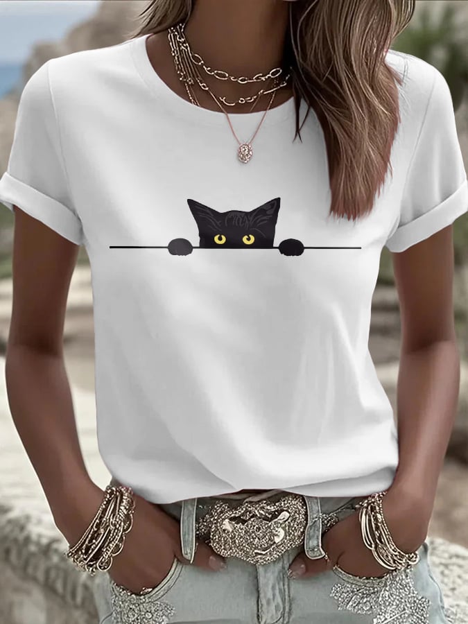 🐾Buy 3 Save 10%🐱Women's Cat Printed Round Neck T-Shirt💛100% For Shelter Pets🐱🐶