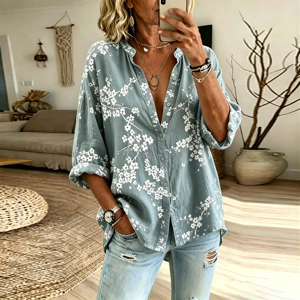 Women's Vintage Floral Art Print Flowy Linen Blend Long Sleeve Shirts