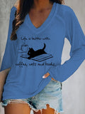 Coffee Cat And Book Print Women's Long-Sleeved V-Neck T-Shirt