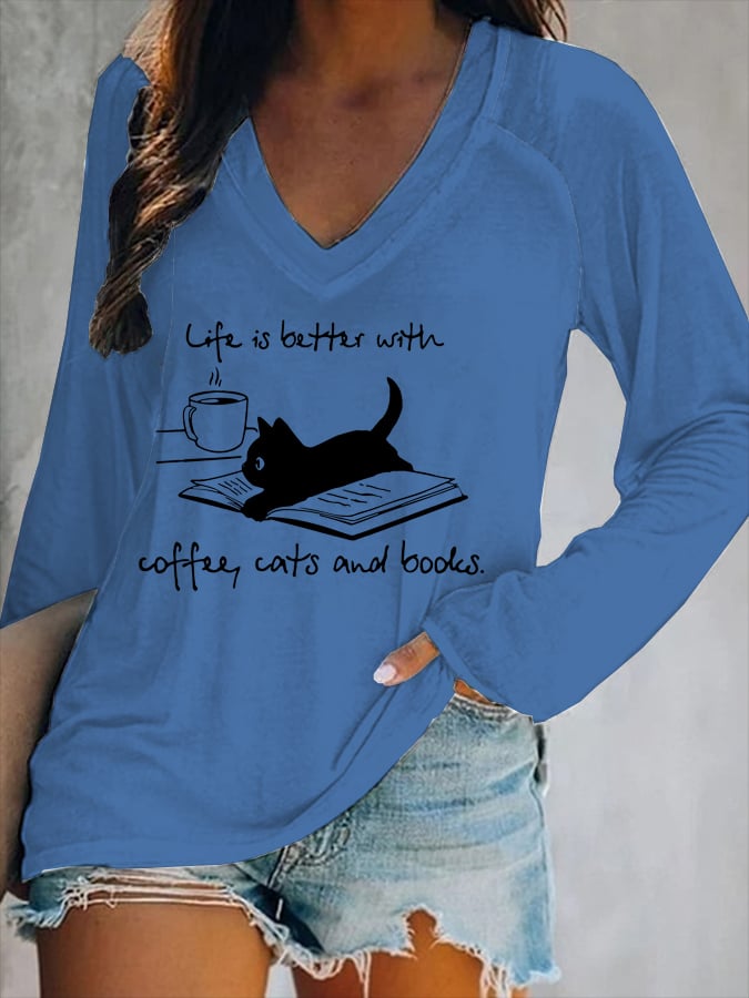 Coffee Cat And Book Print Women's Long-Sleeved V-Neck T-Shirt