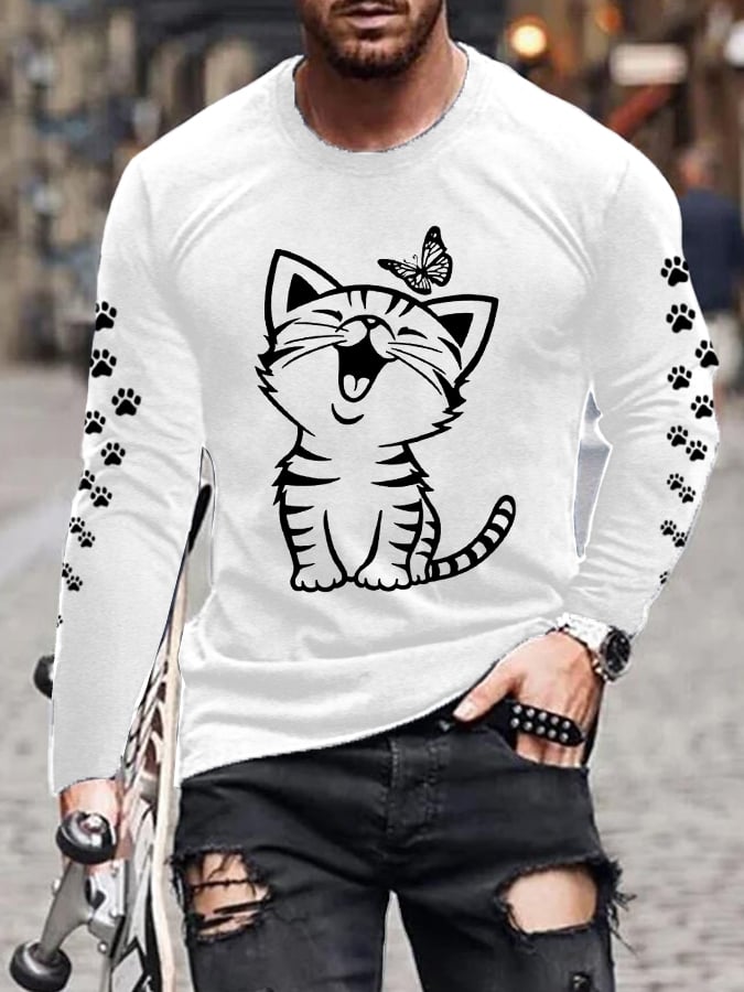 Men'S Cat Print Casual Long-Sleeved T-Shirt