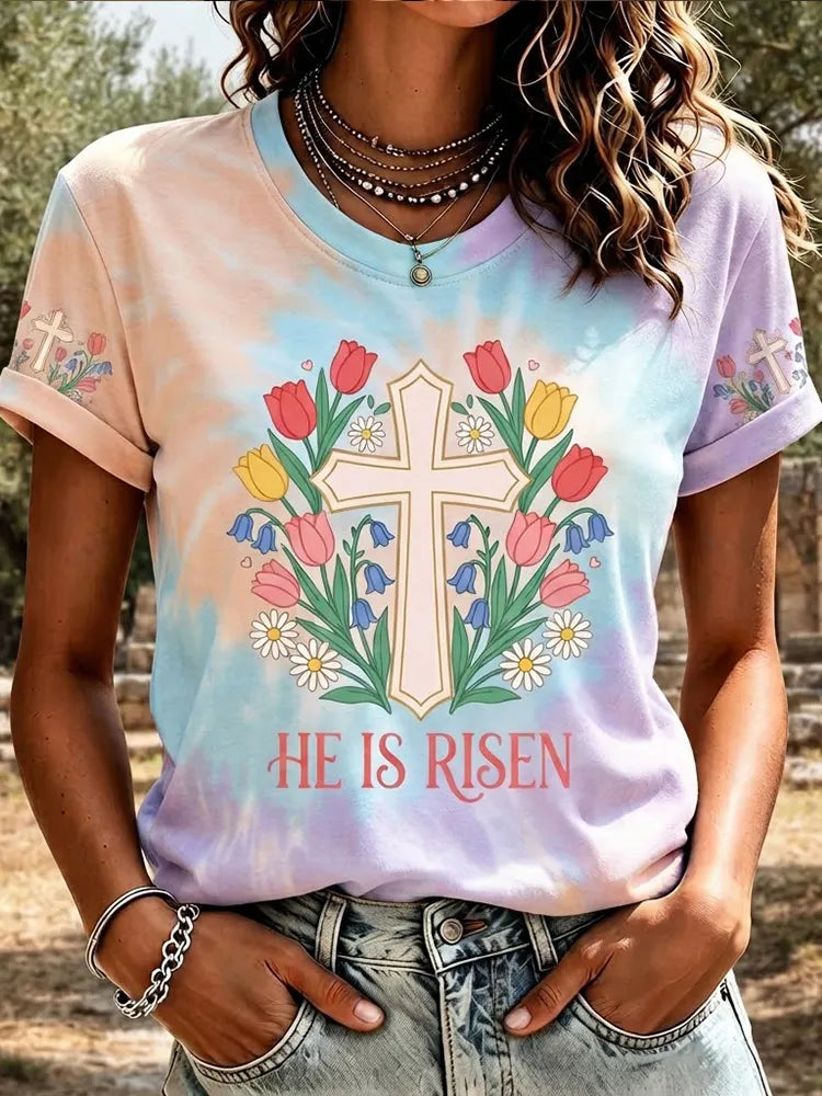 Women's Tie-dye Tulip "he Is Risen" Short-sleeve T-shirt