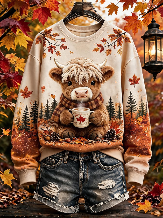 Women's Autumn Highland Denim Print Sweatshirt