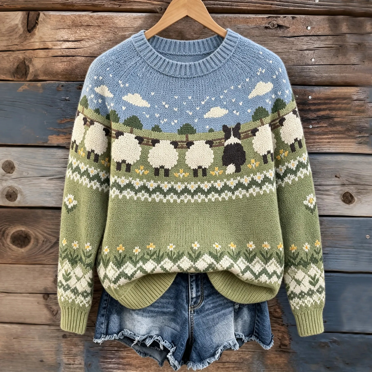 Women's Retro Farm Border Collie With Sheep Patterns Cozy Fair Isle Style Knit Sweater