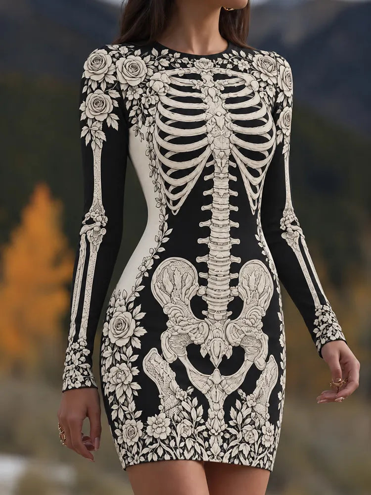 Women's Vintage Halloween Fall Skeleton Art Comfy Mini Bodycon Dress