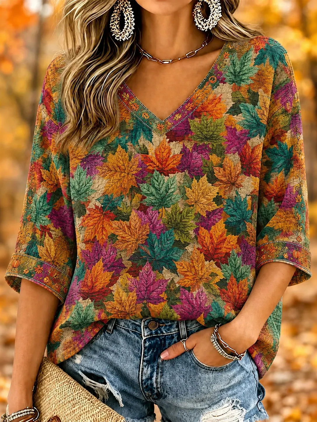 Women's Vintage Boho Fall Maple Leaf Print Art Flowy Linen Blend V‐neck 3/4 Sleeve Top