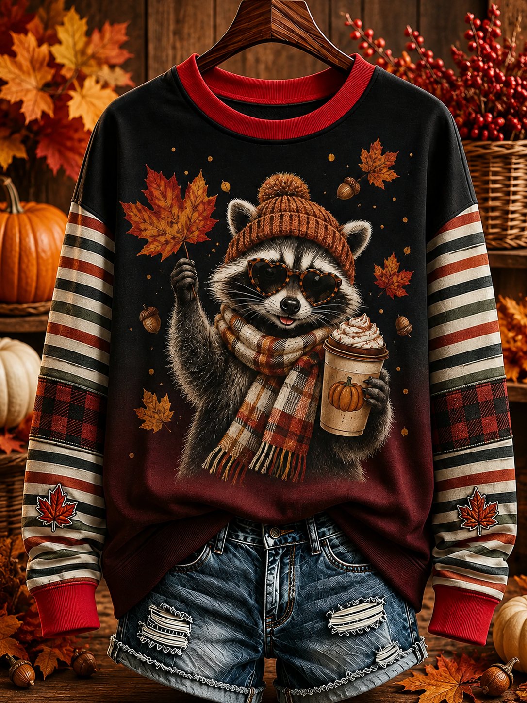 Women's Vintage Fall Raccoon Print Sweatshirt