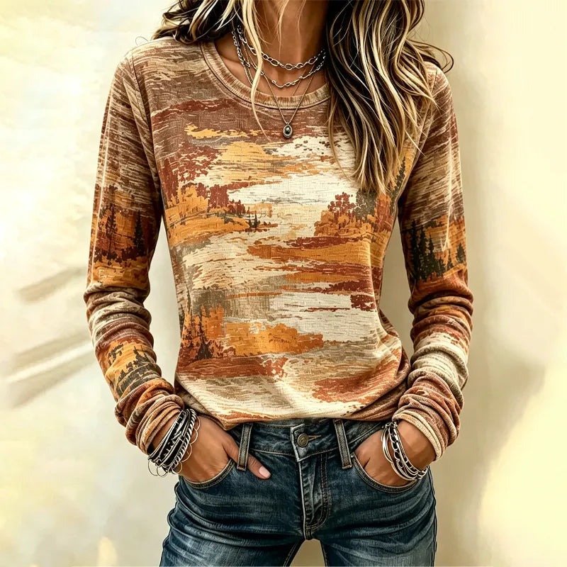 Women's Autumn Abstract Oil Painting Art Print Long-sleeve Top