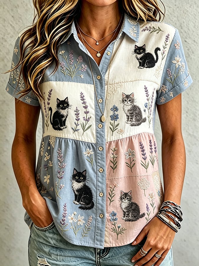 🐾Buy 3 Save 10%🐱Women's Casual Cat Floral Print Shirt💛100% For Shelter Pets🐱🐶