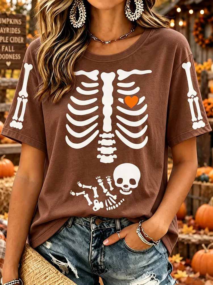 Women's Vintage Halloween Fall Heart In Skeleton Print Crew Neck Short Sleeve T-shirt