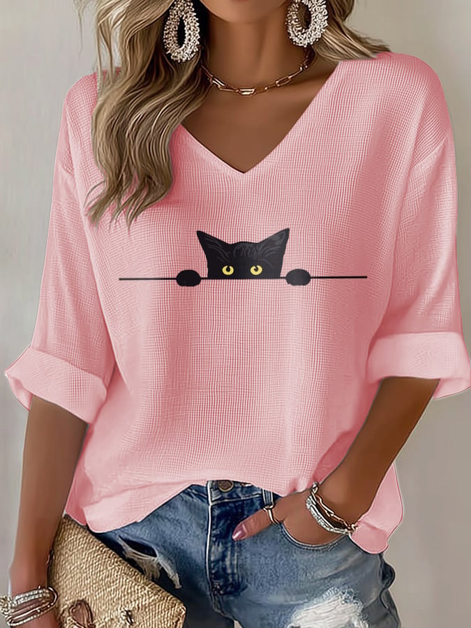 🐾Buy 3 Save 10%🐱Women's Cat Print Waffle T-shirt💛100% For Shelter Pets🐱🐶