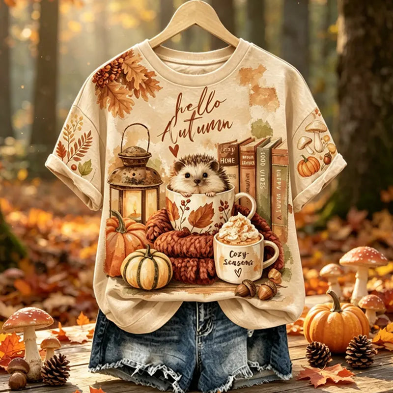 Hello Ladies, Autumn Hedgehog Illustration Print Raglan Short Sleeve Top
