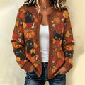 Women's Fall Halloween Pumpkin Cat And Maple Leaf Pattern Sweater Cardigan