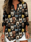 Women's Retro Animal Black Cat Contrast Print Casual Shirt