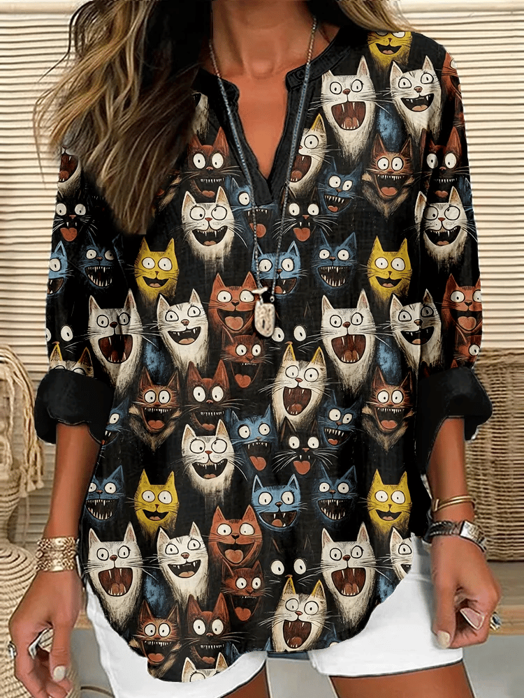 Women's Retro Animal Black Cat Contrast Print Casual Shirt