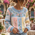Women's Pink Floral Color-block Patchwork Art Warm Crewneck Sweater