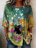 Women's Vintage Cat & Floral Print Lace-Up Shirt