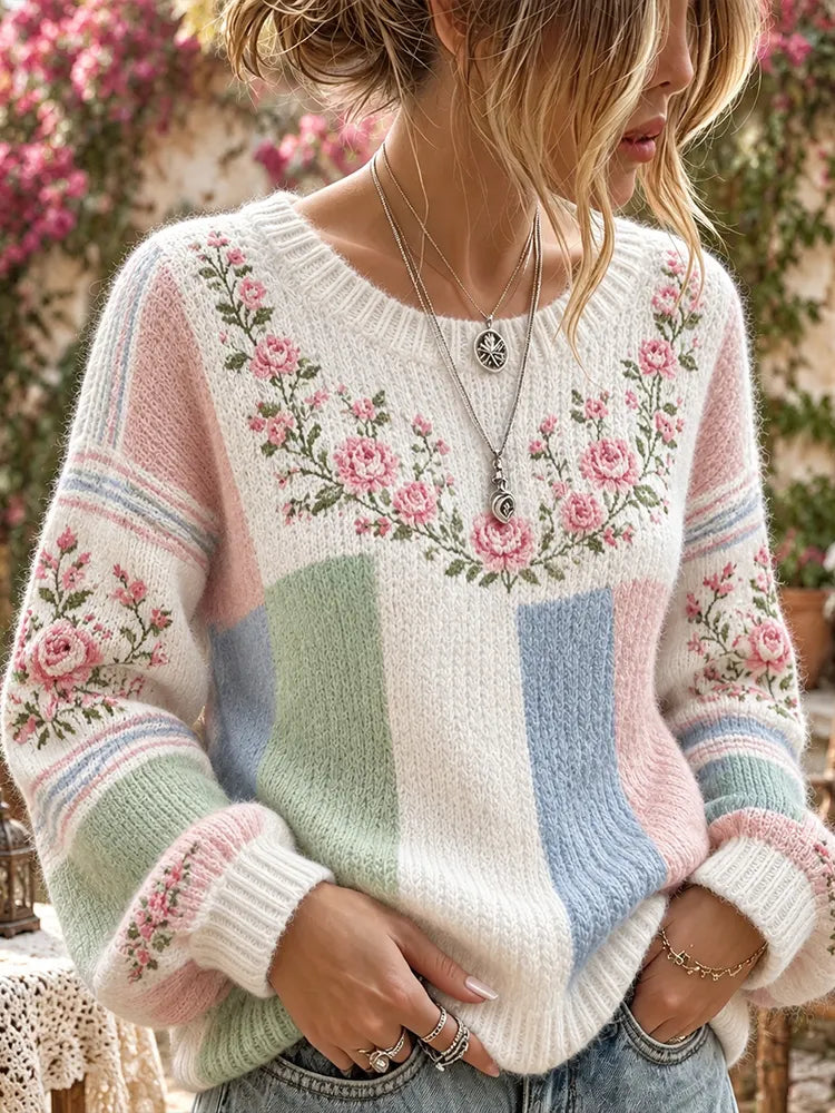 Women's Pink Romantic Rose Color-block Art Casual Crewneck Sweater