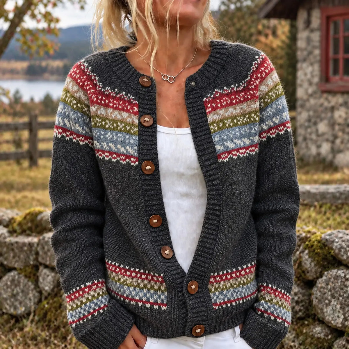 Women's Vintage Fair Isle Jacquard Casual Knit Cardigan Sweater