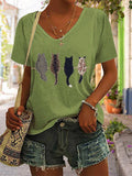 Women's Cat Back Print V-Neck T-Shirt