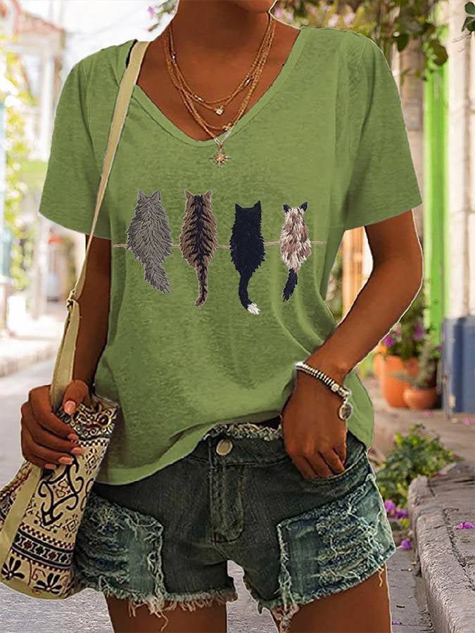 Women's Cat Back Print V-Neck T-Shirt