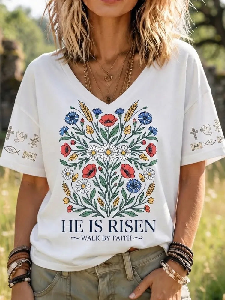 Women's "he Is Risen" Floral V-neck Short-sleeve T-shirt