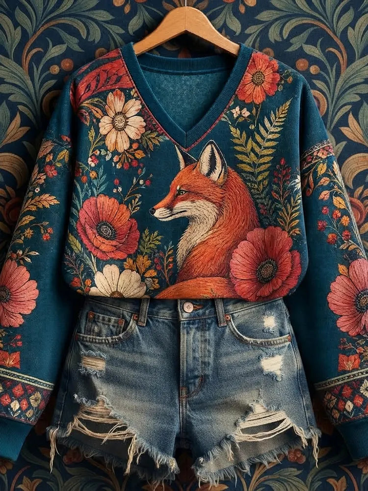 Women's Fox Floral Print Long-sleeve Sweatshirt