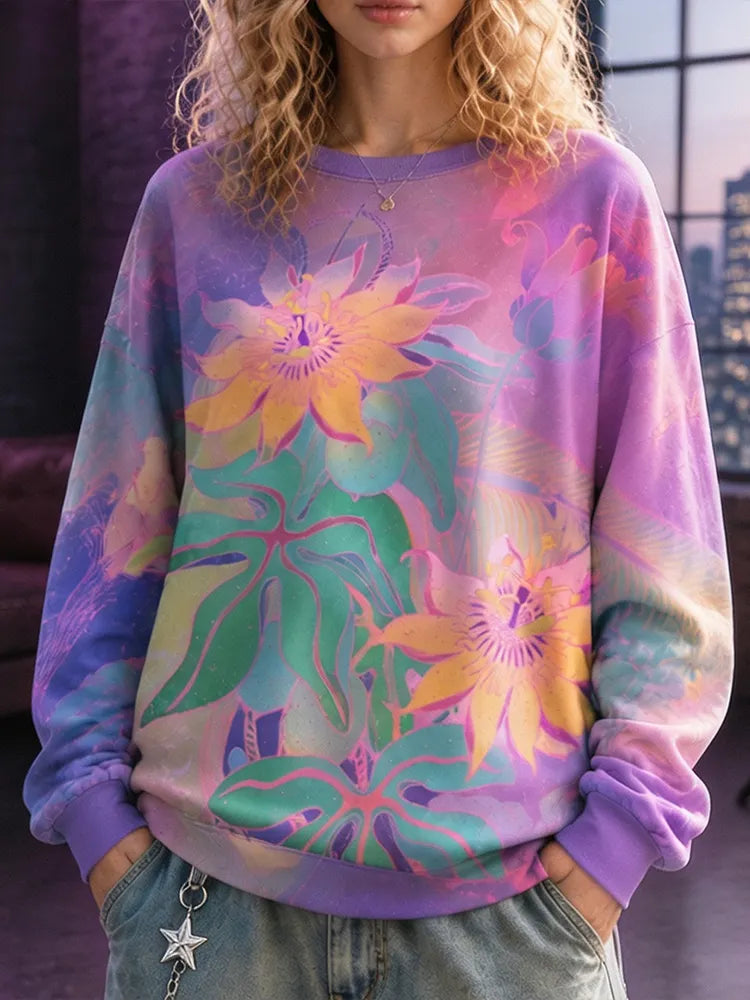 Women's Retro Y2k Bohemian Psychedelic Tropical Passion Fruit Print Crew Neck Sweatshirt