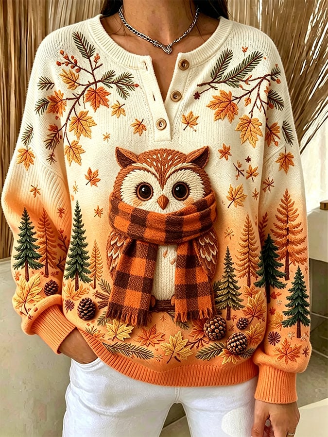 Women's Casual Print Button-Up Collar Knit Top