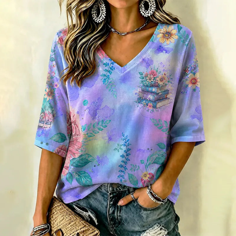 Women's Bohemian Colorful Tie-dye Floral Short Sleeve Top