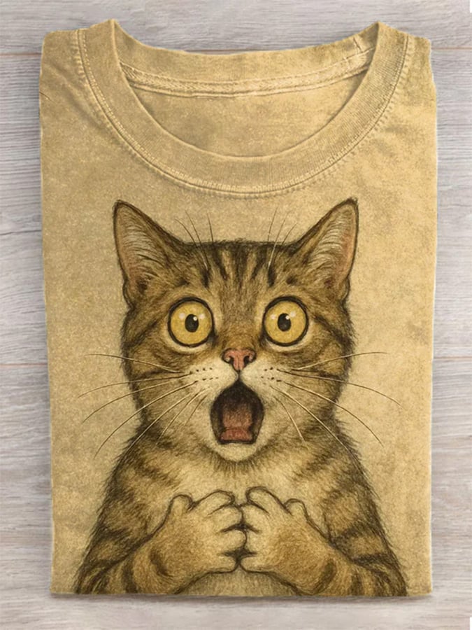 🐾Buy 3 Save 10%🐱Women's Cute Animal Scared Cat Pattern Print Round Neck T-Shirt💛100% For Shelter Pets🐱🐶