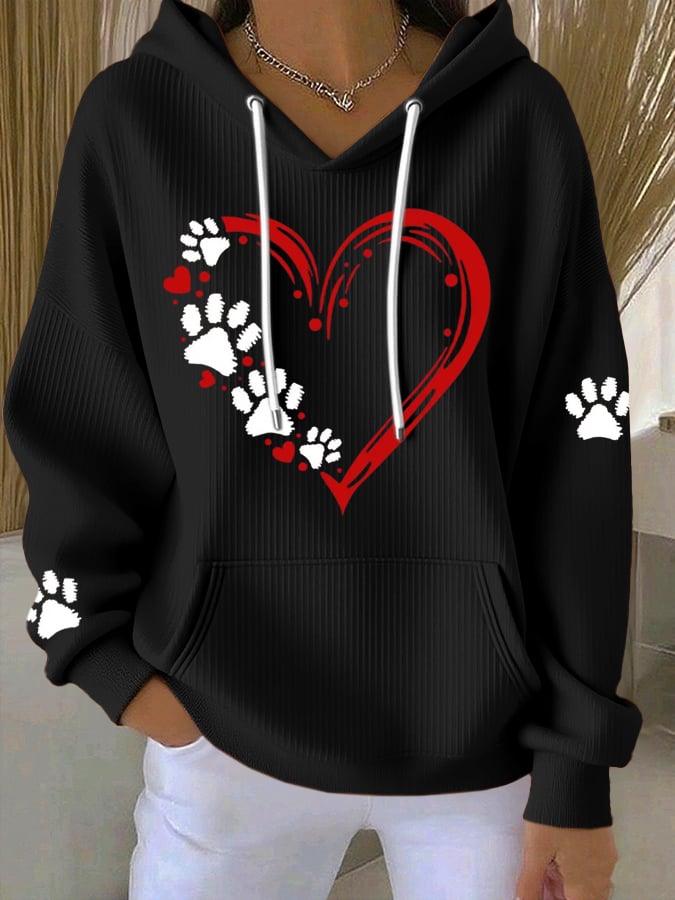 Women's Heart Paw Print Casual Hoodie Sweatshirt
