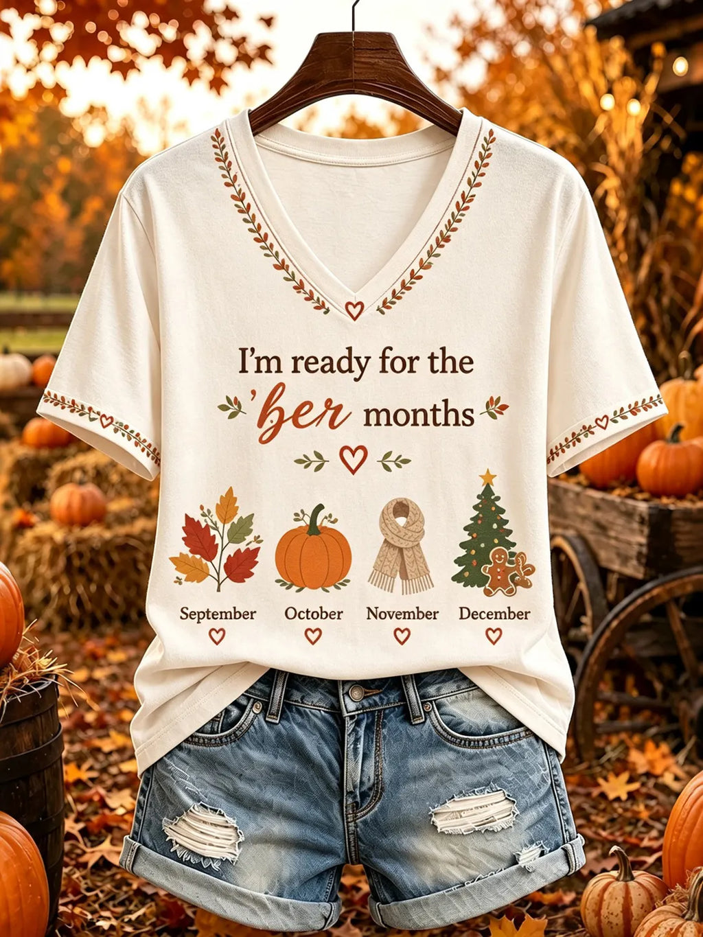 Women's I'm Ready For The 'ber Months Print V Neck Short Sleeve Casual T-shirt