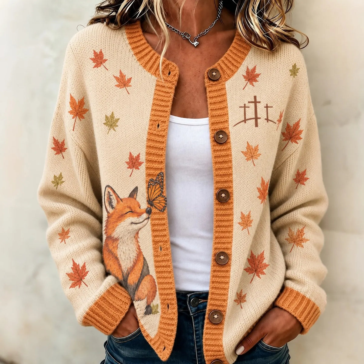 Women's Autumn Cute Fox Fall In Faith Pattern Tri-color Gradient Knit Cardigan