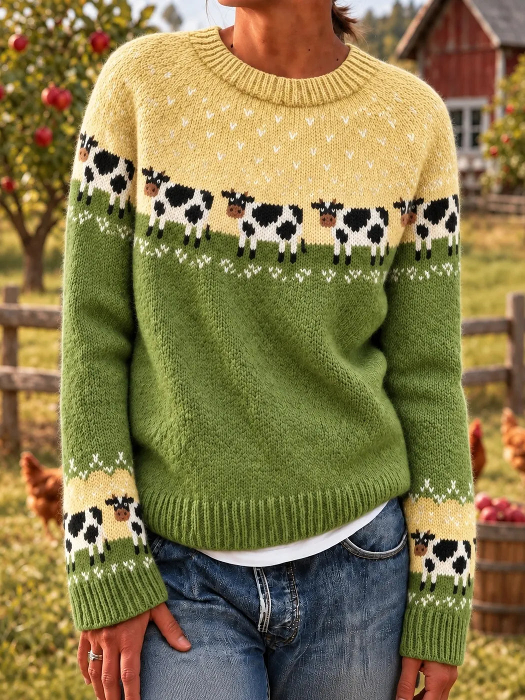 Women's Farm Cow Pattern Cozy Knit Sweater