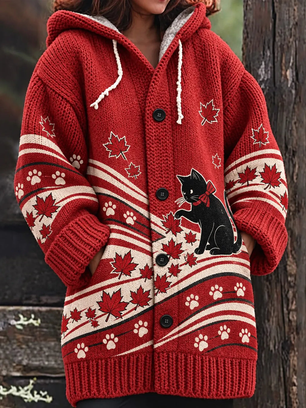 Women's Cute Cat And Maple Leaf Jacquard Knit Hooded Cardigan
